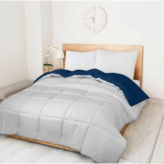 ROYALE Queen Comforter- All Season Down Alternative Bedding Comforters- Lightweight Quilted Comforter with Corner Tabs - Soft Luxury Hotel Comforters - Box Stitched Duvet Insert (Queen, Navy &Silver)