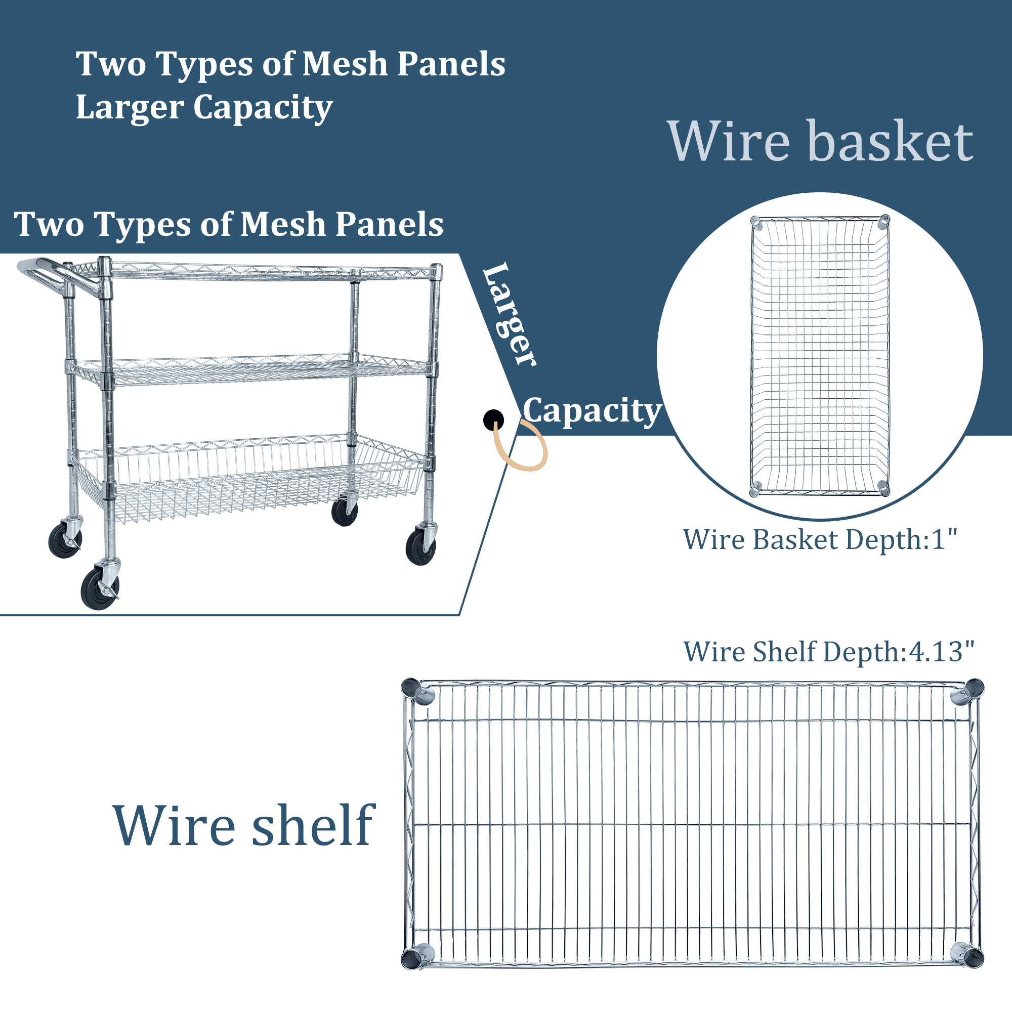 Heavy-Duty 3-Tier Rolling Utility Cart with Handle and Shelf Liners, 36x18x32-Inch Storage Cart for Kitchen and Warehouse, Chrome