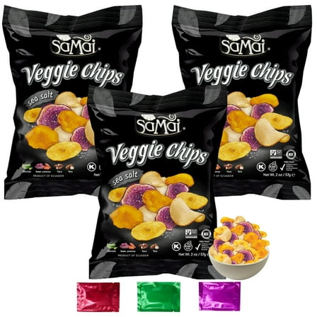 Samai Veggie Chips Sea Salt Flavor, Gluten-Free Kosher Plant-Based Vegetable Chips, Healthy Crispy Crunchy Snacks Movie Night Lunchbox 2 oz 3 Packs w/ Bonus Snoep in Beperkte Oplage