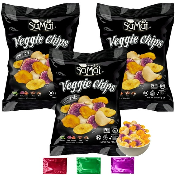 Samai Veggie Chips Sea Salt Flavor, Gluten-Free Kosher Plant-Based Vegetable Chips, Healthy Crispy Crunchy Snacks Movie Night Lunchbox 2 oz 3 Packs w/ Bonus Snoep in Beperkte Oplage