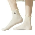 thumbnail image 2 of 3-Pack Women's Crew Socks with Ruffle Lettuce Edge Trim and Delicate Embroidered Detail, Beige, 2 of 4