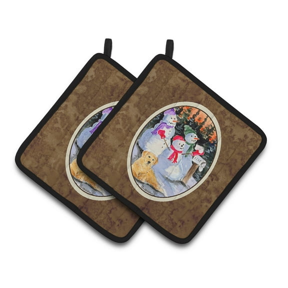 Caroline's Treasures SS8989PTHD Snowman with Golden Retriever Pair of Pot Holders, 7.5HX7.5W, multicolor