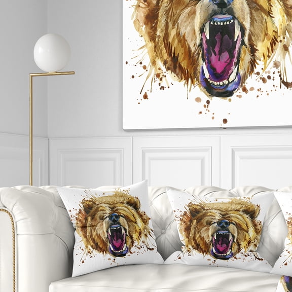 Designart Growling Grizzly Bear Watercolor - Abstract Throw Pillow - 16x16