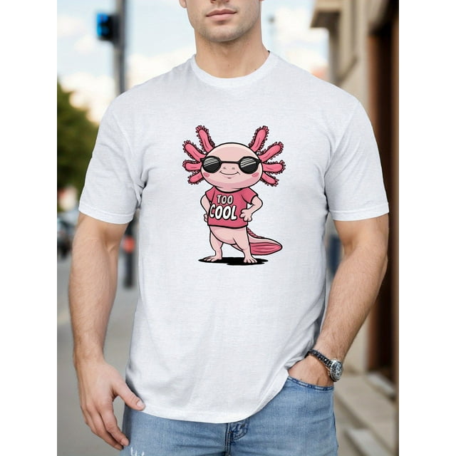 Men's Cool Axolotl with Fashion Glasses Graphic T-Shirt - Casual Polyester Short Sleeve Crewneck, Pink and White Summer Tee