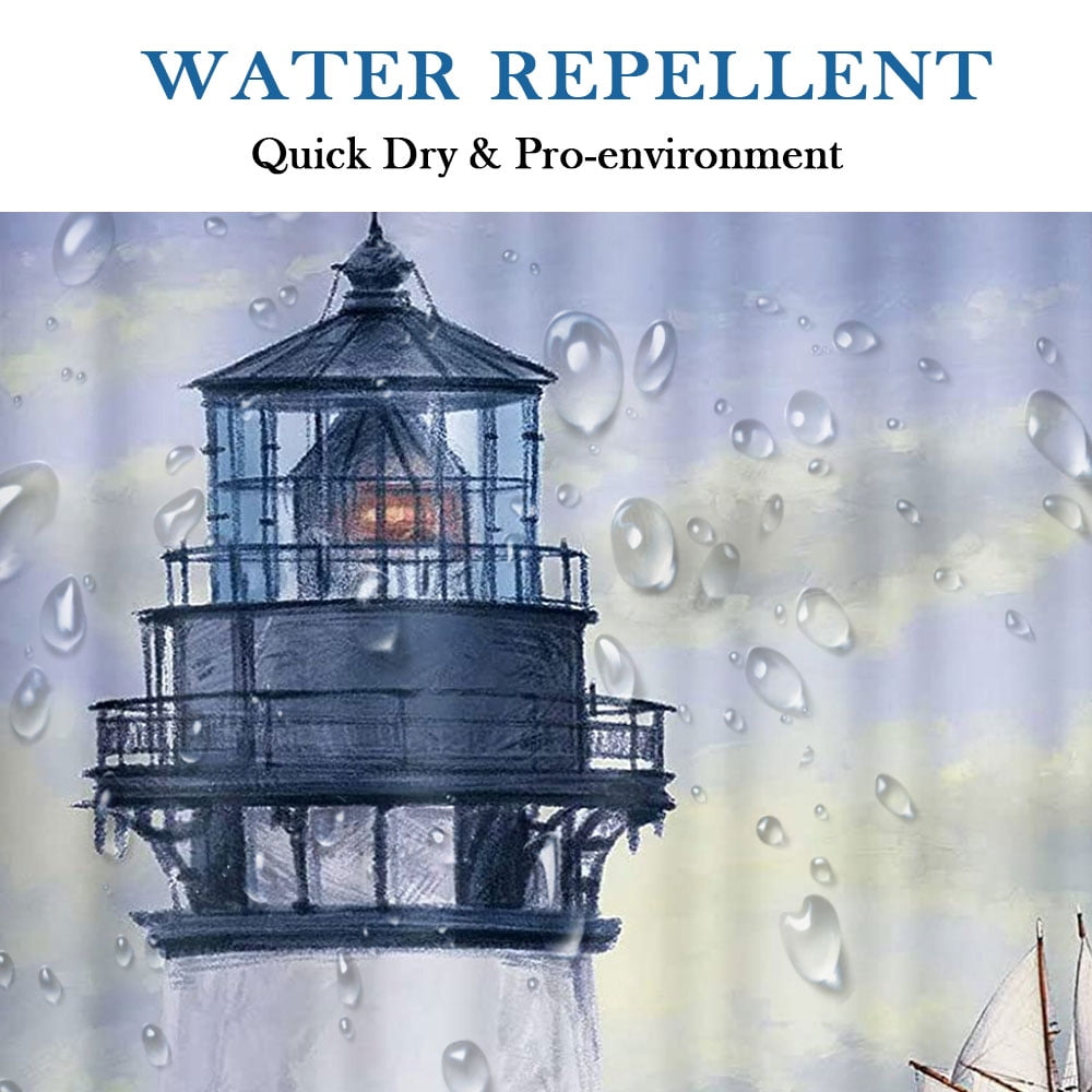 Coastal Lighthouse Shower Curtain, Bluish Violet Ocean Shower Curtain Sets for Bathroom,Waterproof Sailboat Nautical Shower Curtain Decor Accessories with Hooks 60X70 inch