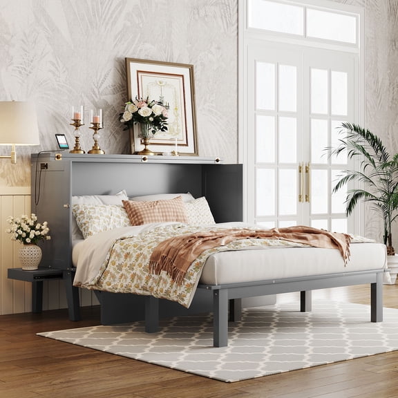 Harper & Bright Designs Queen Size Modern Metal Murphy Bed with Storage, Gray