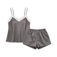 thumbnail image 5 of Satin Silk Pajamas for Women V Neck Lace Trim Spaghetti Strap Cami Top and Shorts Set 2 Piece Summer Sleepwear Pjs, L, 5 of 8