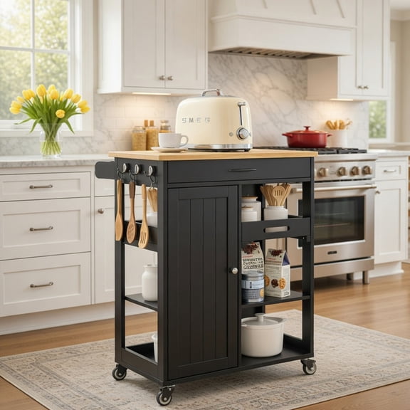 Mobile Kitchen Island Cart on Wheels, Solid Wood Top Rolling Utility Cart with Drawer, Adjustable Shelf, Towel Bar and Hooks, Black