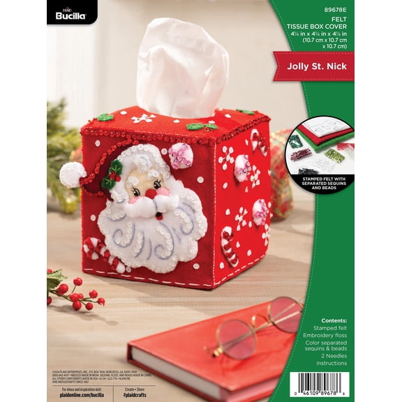 Bucilla 4.25" x 4.25" x 4.25" Jolly St. Nick Felt Applique Christmas Tissue Box Cover Embroidery Kit