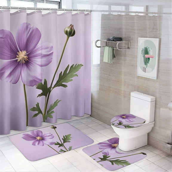 Purple Flower Floral 4 Pcs Bathroom Shower Curtain Set, Bathroom Sets with Rugs (Bath Mat, U Shape and Toilet Lid Cover Mat) and 12 Hooks,