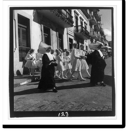 Historic Print, [Catholic religious scenes in Puerto Rico, 1944-46: girls and nuns in street procession], 16" x 20"