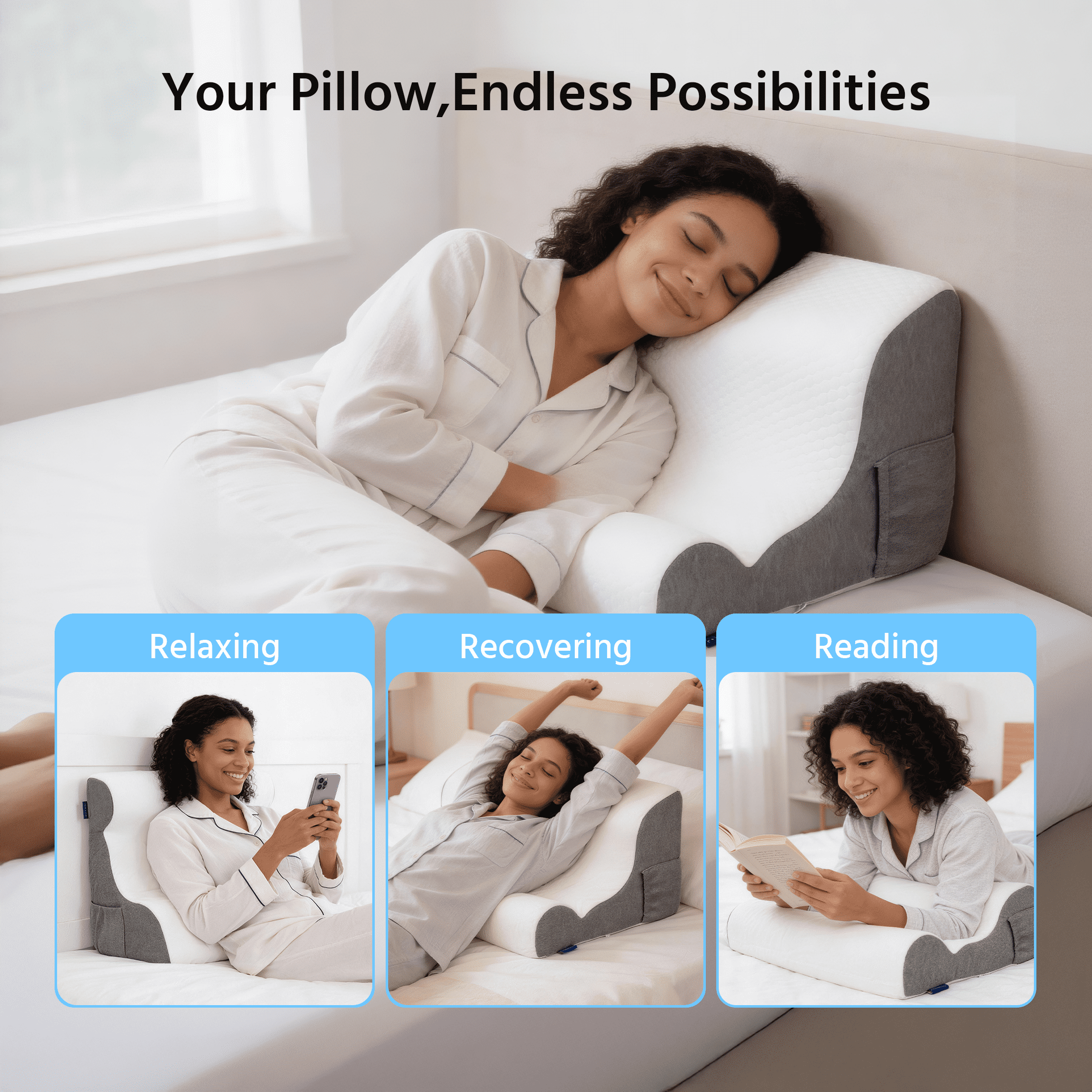 ORFELD Wedge Pillow for Sleeping,Resting,Back Pain Relief and Post Surgery,Memory Foam Cushion with Grey and White Patterned Polyester Cover, Ideal for Bedroom & Living Room,White