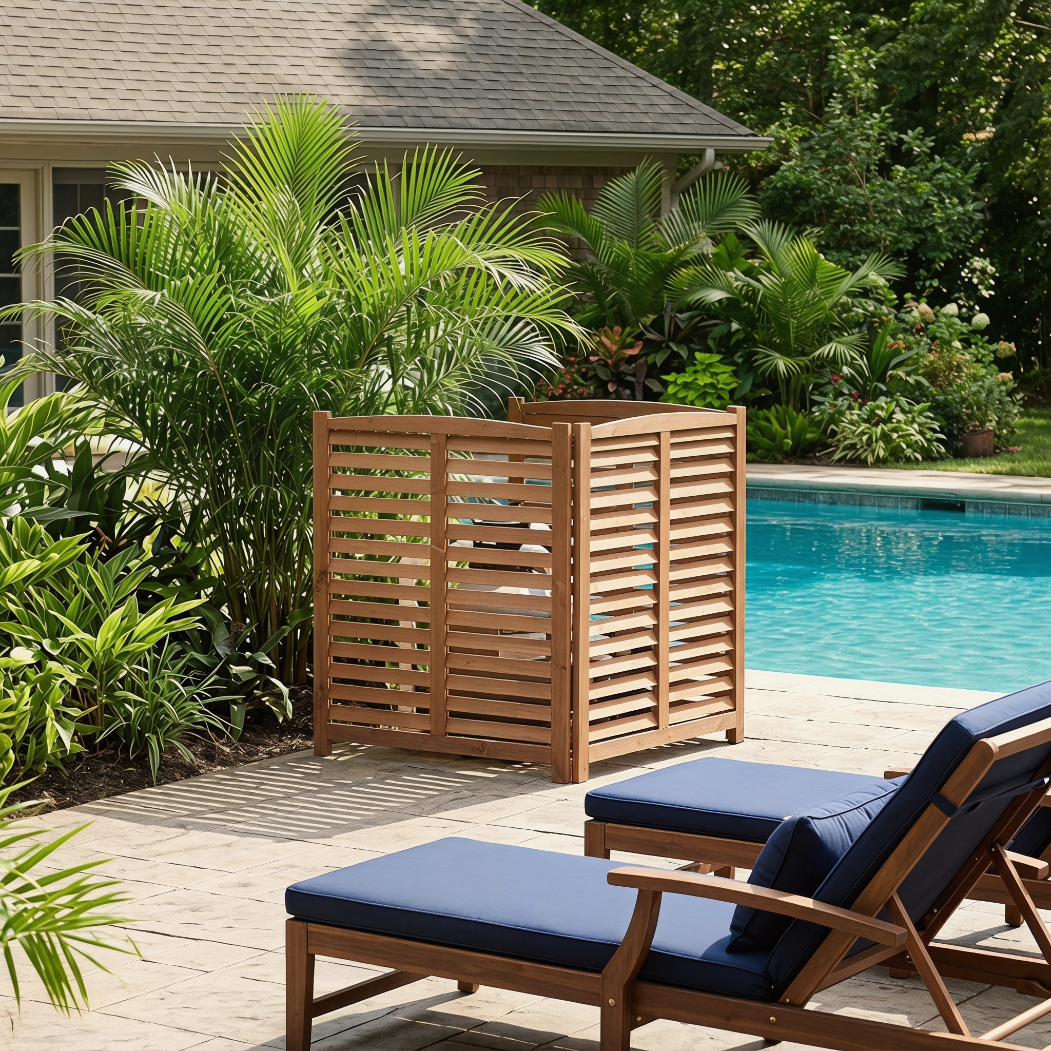 3-Panel Solid Wood Privacy Screen Fence 32×38 Inch, Outdoor Freestanding Air Conditioner Enclosure with Slatted Ventilation for Trash Can Pool Pump Garden Decor