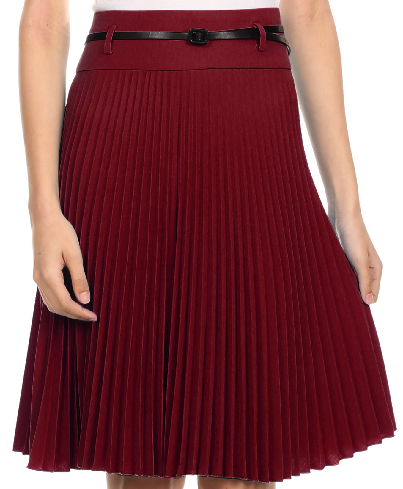 Sakkas Knee Length Pleated A-Line Skirt with Skinny Belt - Red - Small ...