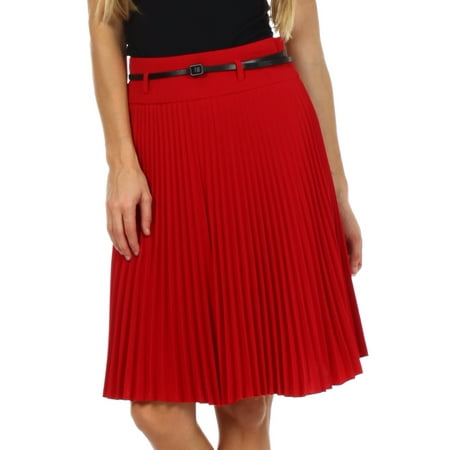 Sakkas - Sakkas Knee Length Pleated A-Line Skirt with Skinny Belt - Red ...