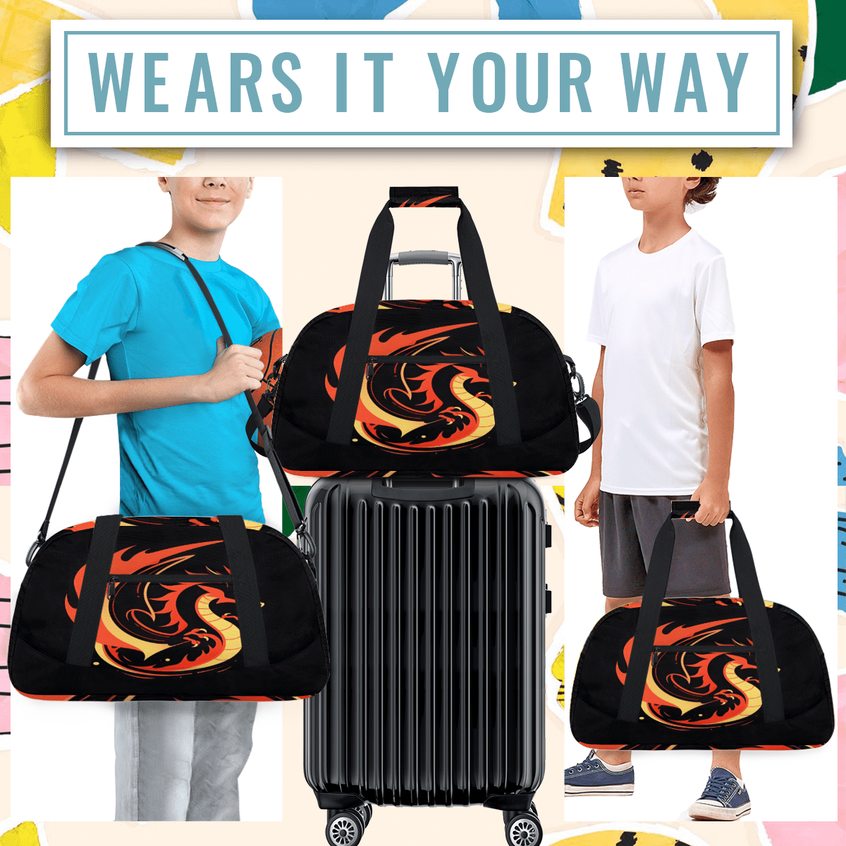 Herdesigns Dragon Sports Duffle Bag for Women & Men, Funny Gym Bag Dance Bag Overnight Bag Carry On Weekender Travel Bag