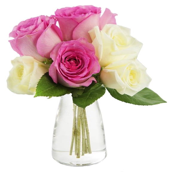 KaBloom : 3 Pink, 3 White Roses, 3 Greens with Vase, Next-Day Delivery, Gift for Every Occasion.