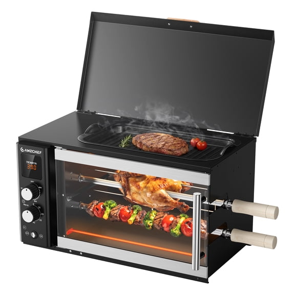 5-in-1 Indoor Electric Grill with Rotisserie & Skillet - 32L Capacity, Sunmaki 1800W Countertop Vertical Rotisserie Oven for Roasting Chicken, Meat & Sausages