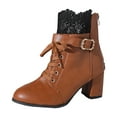 thumbnail image 6 of Ankle Boots for Women Sexy Lace Splice Leather Block Heel Pointed Toe Back Zipper Lace up Vintage Buckle Ankle Strap Booties, 6 of 7