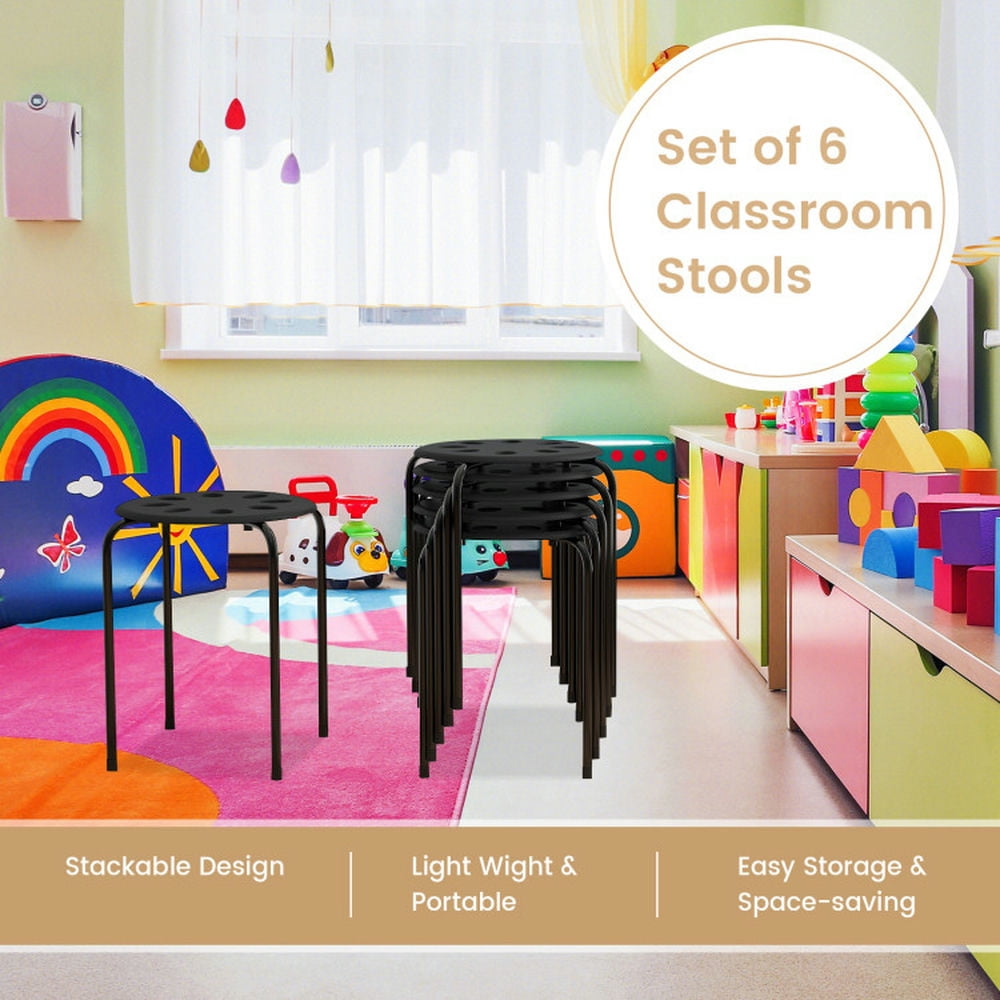 Demi Bonn Set of 6 Portable Plastic Stack Stools, Dining Chairs with Stackable Space Saving Design, Black