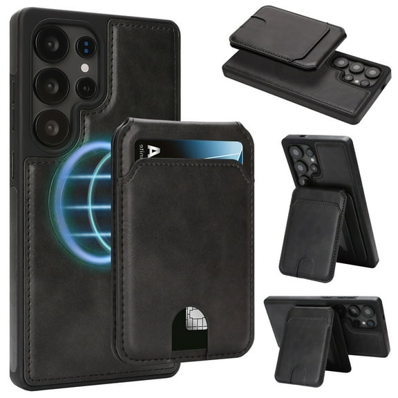 for Samsung Galaxy S25 Ultra, Compatible with MagSafe, Magnetic 2 in 1 Detachable Wallet Case with Card Holder Women Men, Business PU Leather RFID Blocking Flip Kickstand Credit Slots, Black