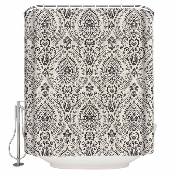 Fabric Shower Curtain, Baroque Style Gray Leaves Floral Blooms Botanical Pattern Shower Curtains with 12 Hooks Waterproof Machine Washable Bath Curtains for Bathroom,48x 72in
