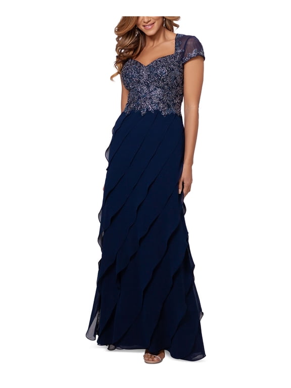 Womens Navy Zippered Tiered Bias Ruffled Skirt Cap Sleeve Sweetheart Neckline Full-Length Evening Sheath Dress 14