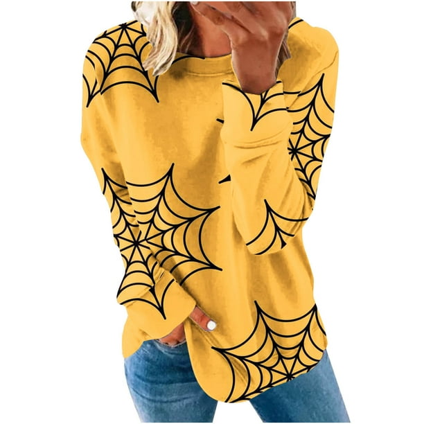 EQWLJWE Womens Summer Clearance Clothes Women's Funny Cobweb Printed Loose  T-shirt Long Sleeve Pullover Round Neck Casual Top Sweatshirt Halloween