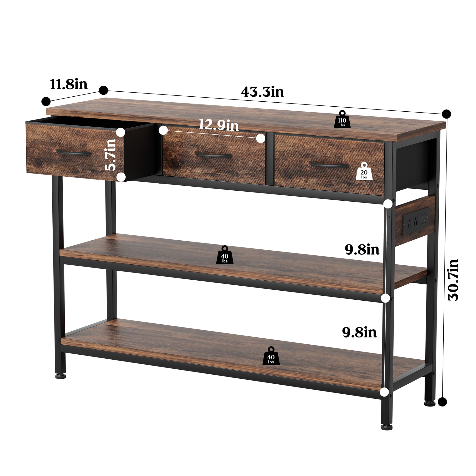 Aufeile 43" Narrow Console Table, Entryway Table with 3 Drawers and Outlets, Fabirc Sofa Table with Open Shelves for Couch, Hallway, Foyer, Living Room, Brown