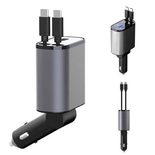 100W 4-in-1 Car Charger - Dual Retractable PD/USB-A Cables, 120W Max Fast Charge