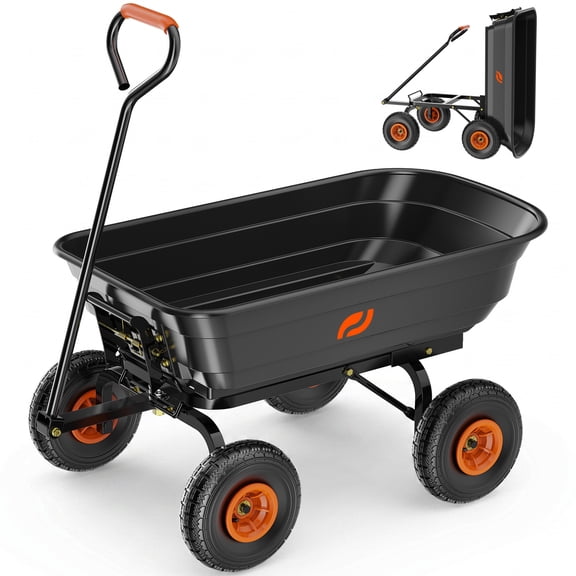 Firstness Garden Dump Cart, 600 lbs 4 Cu.ft Heavy Duty Dump Wagon with Quick-Release Dumping, Pneumatic Tires for Garden Lawn Farm Landscaping