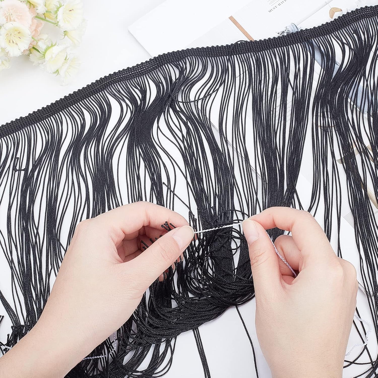 Tassel Fringe Polyester Ribbon for Garment Accessories Black 270~280x1mm about 9.5m/roll