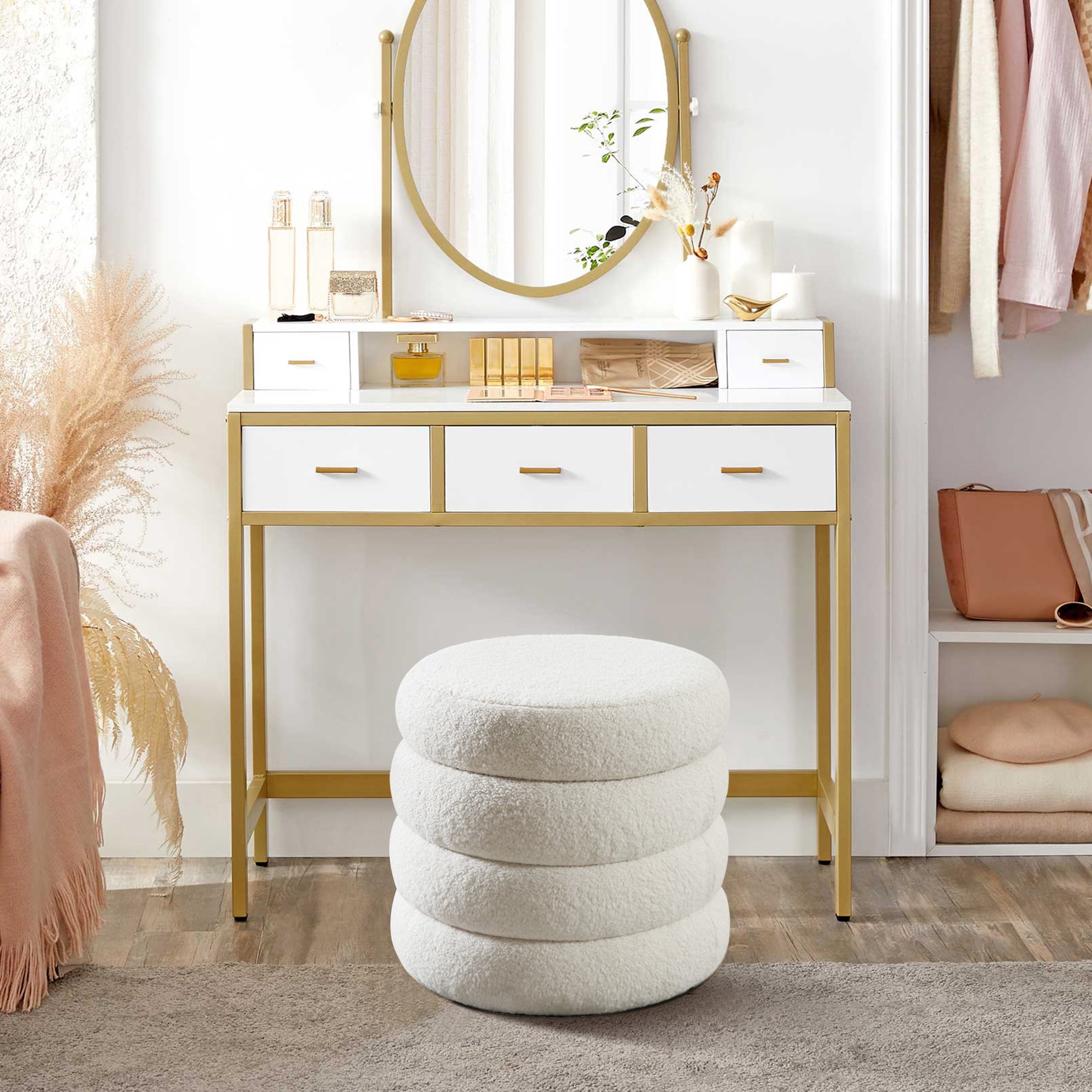 Zesthouse 19.5" Wide Round Boucle Storage Ottoman, Tufted Sherpa Ottoman Footstool for Living Room Bedroom, White