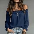thumbnail image 4 of ClodeEU Women's Off Shoulder Long Sleeve Blouse, Casual Solid Color Top with Ruffled Trim Navy,Women's Plus S, 4 of 8