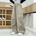 thumbnail image 2 of Lenpel Girls' Cargo Pants Cotton Elastic High Waisted Pull on Wide Leg Pants Baggy Casual Trousers with Pockets for Kids(Khaki,9-10 Years), 2 of 6