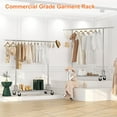 thumbnail image 3 of Single Rail Garment Rack on Wheels 450lbs Heavy Duty Clothes Rack with Shelves Rolling Clothing Rack with Extensible Size 71"L, Portable Adjustable for Hanging Clothes, Chrome Finish, 3 of 7
