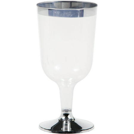 Creative Converting Silver Rimmed Plastic Wine Glass, 6 oz, 8pk