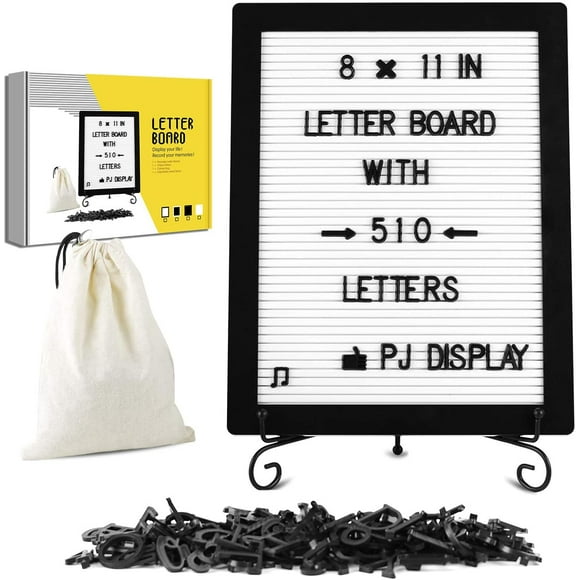 Message Letter Board 8X11Inch, Plastic Message Sign Board with Metal Stand, 510 Precut Letters and 1 Letter Bag, for Wall/Tabletop Decor, Black Frame/White Board Changeable Letter Board