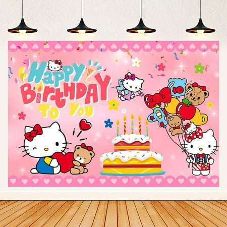 Hello Kitty Cartoon Theme Birthday Flag Background Banner Children's Party Decoration supplies Photography Photo Prop ,70.8x43.3inch.