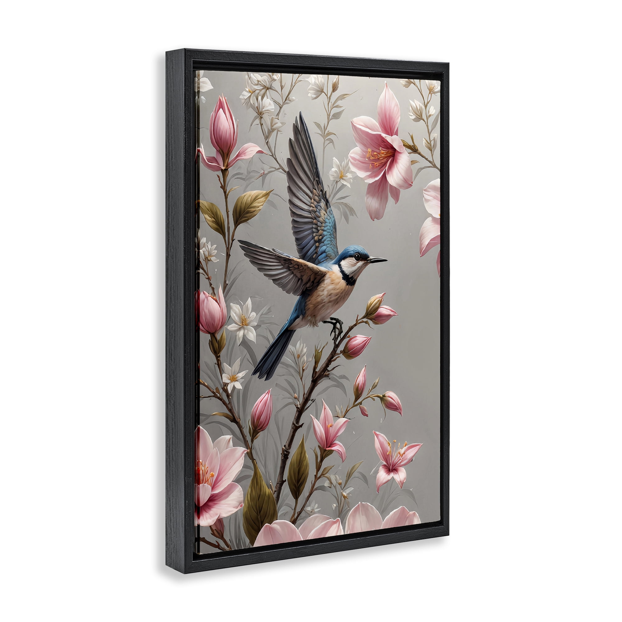 Stupell Industries Soft Pink Florals with Bird Animals Painting Black Floater Framed Canvas Art Print Wall Art, 17 x 25