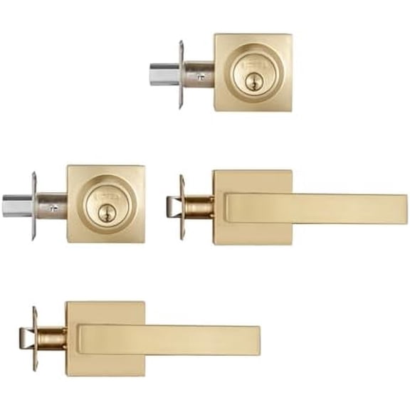 2 Pack Front Door Locksets with Deadbolt, Heavy Duty Satin Brass Door Handles, Square Exterior Door Lever Combination Set$$Tools & Hardware Other