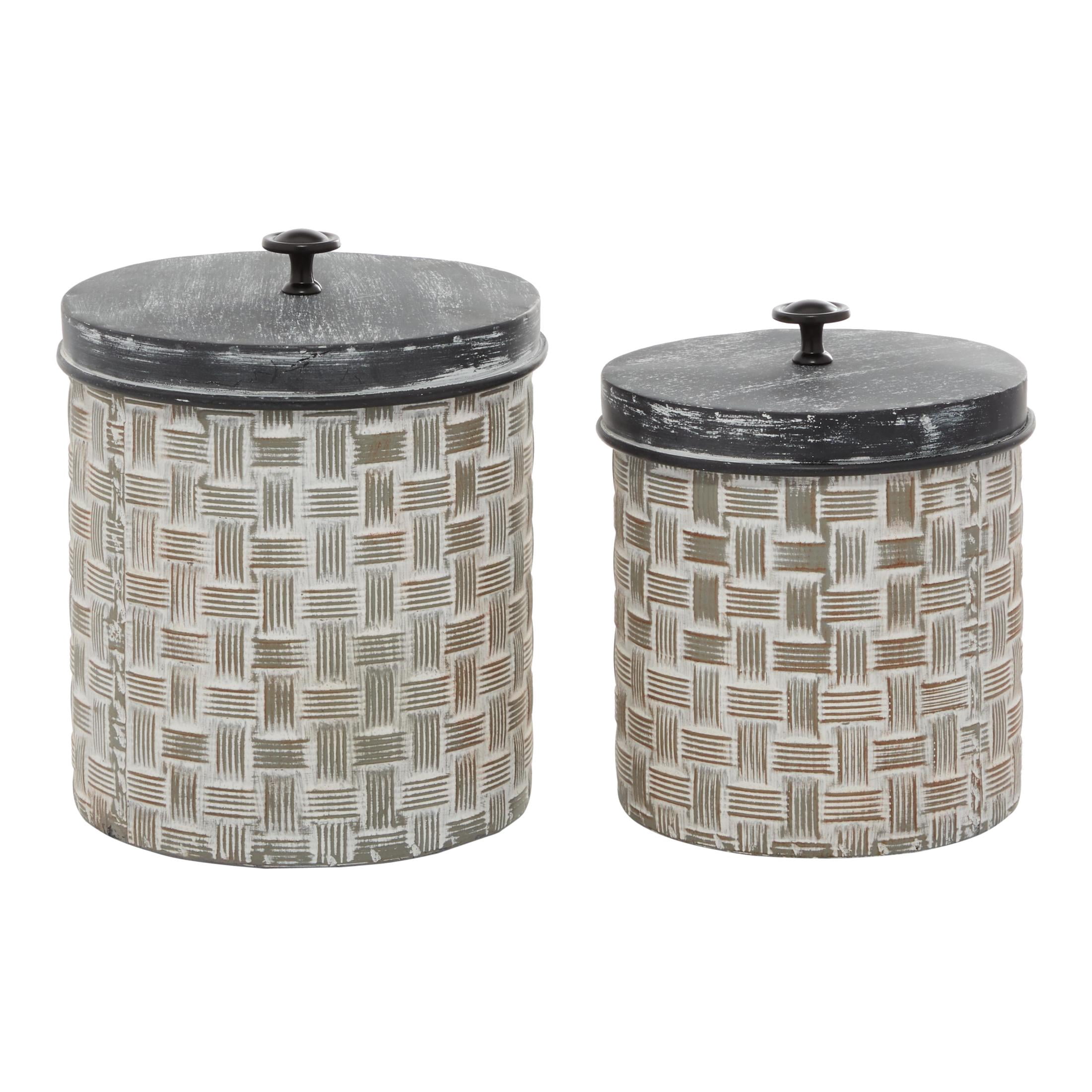 DecMode 9", 8"H Brown Metal Decorative Jars with Weave Inspired Pattern, 2-Pieces