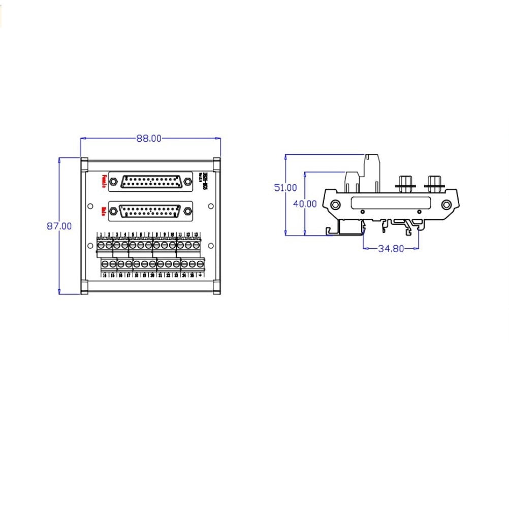 DB25-MG6 Male to Female DIN Rail Mounting Module Terminal Block Adapter