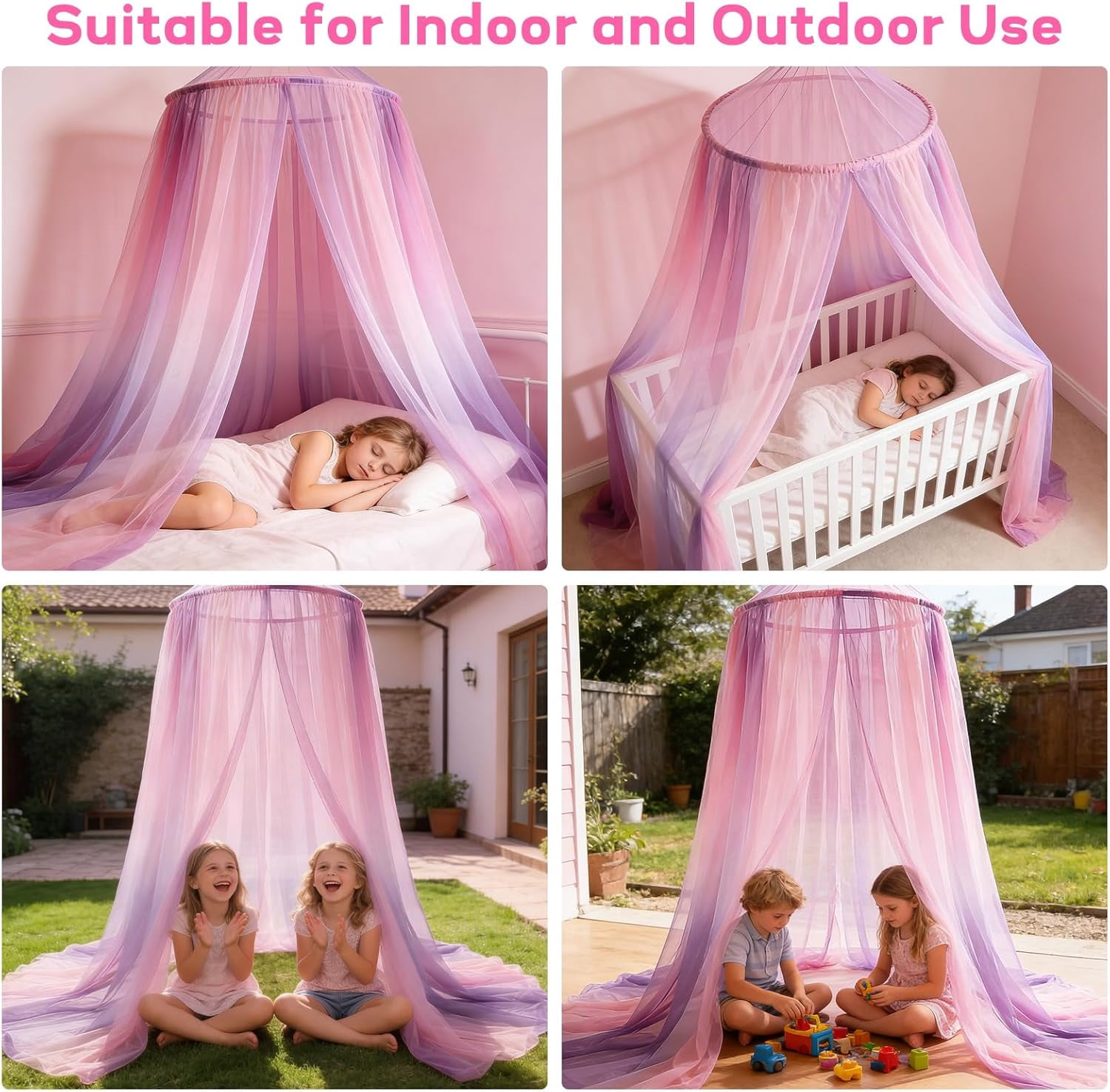 Mosquito Net Bed Canopy for Girls, Princess Bed Canopy Curtains Hanging Netting Bedroom Decor for Girls, Adults, Baby Crib, Dome Mosquito Netting Bed Tent Purple & Pink