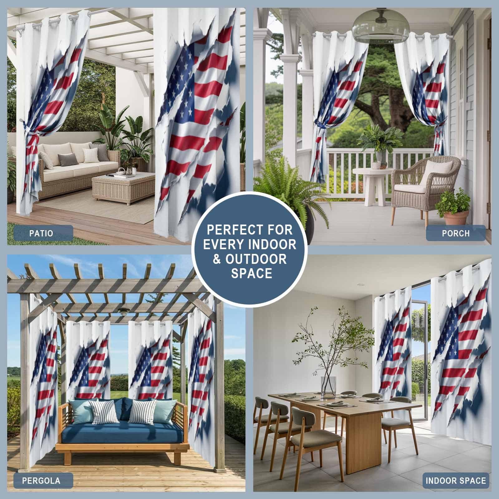 Independence Day Outdoor Curtains for Patio, Watercolor U. S. Flag Shabby Chic Abstract Sunshade Privacy Drapes Grommet Waterproof Outside Curtains for Porch/Cabana/Balcony 54"x 108", 1 Panel