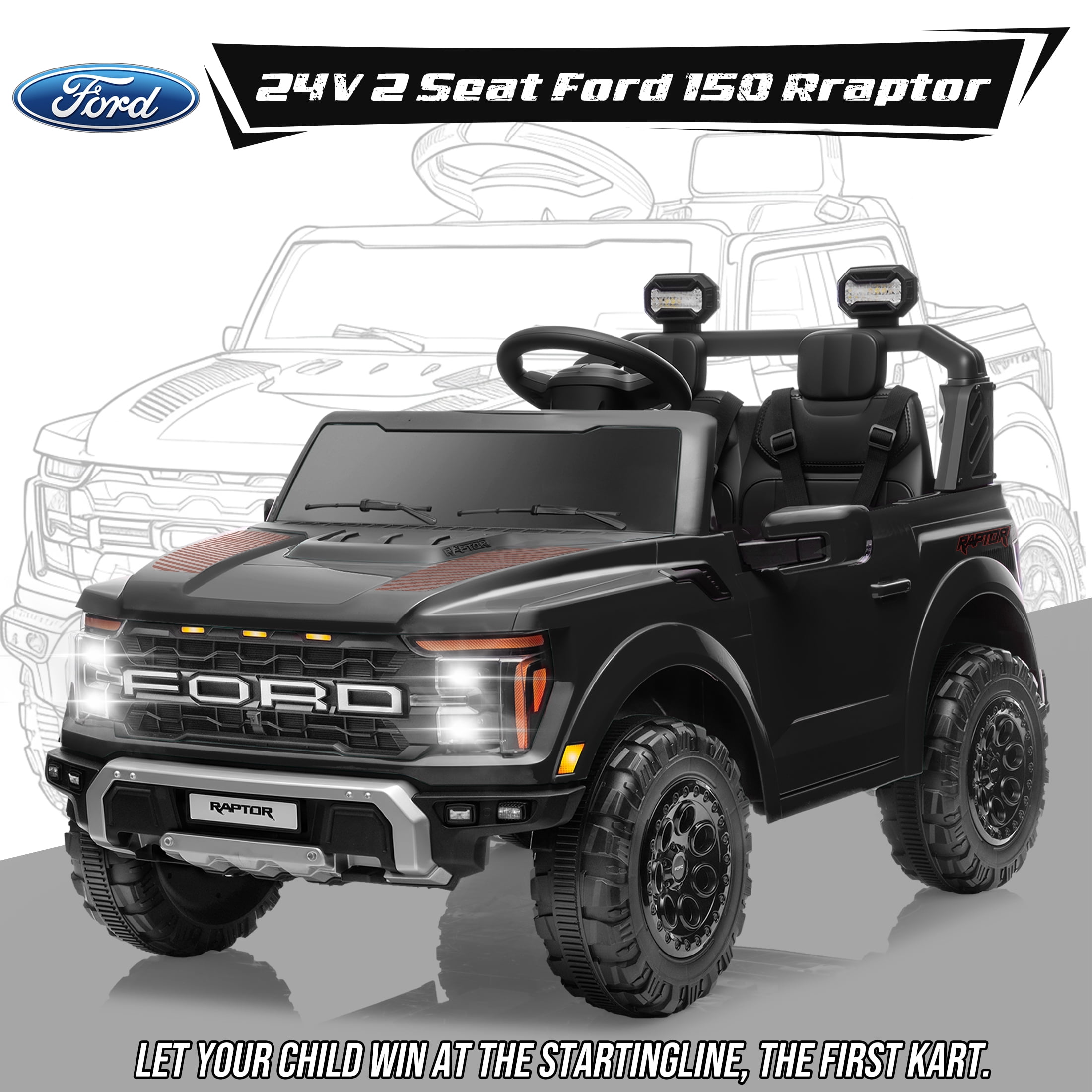 Ford F150 Raptor 2 Seater Ride on Toy Trucks for Kids, 24V Powered 2 Seat Ride on Cars with Remote Control/4 Wheelers/LED/Bluetooth/ Truck Bed Storage/Soft Start, Kids Electric Cars for Boys Girls