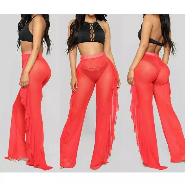 Pantalon de Couverture en Maille Transparente à Volants pour Maillot de Bain Bikini, Pantalon de Couverture en Maille Transparente à Volants pour Femmes Rouge m