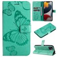 thumbnail image 1 of SaniMore for iPhone 14 Magnetic Flip Wallet Case, [RFID Blocking] Card Holder PU Leather 3D Butterfly Embossing Cover with Kickstand & Wrist Strap Shockproof Protective Shell, Green, 1 of 7