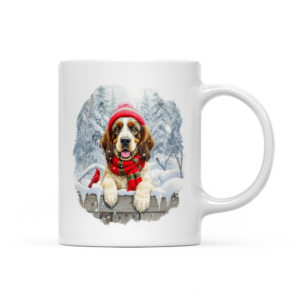 Playful Portuguese Water Dog Welcomes Winter Snowy Day with Cardinal Bird Mug PWD Portie Fishing Dog Lover Coffee Tea Cup - 2017