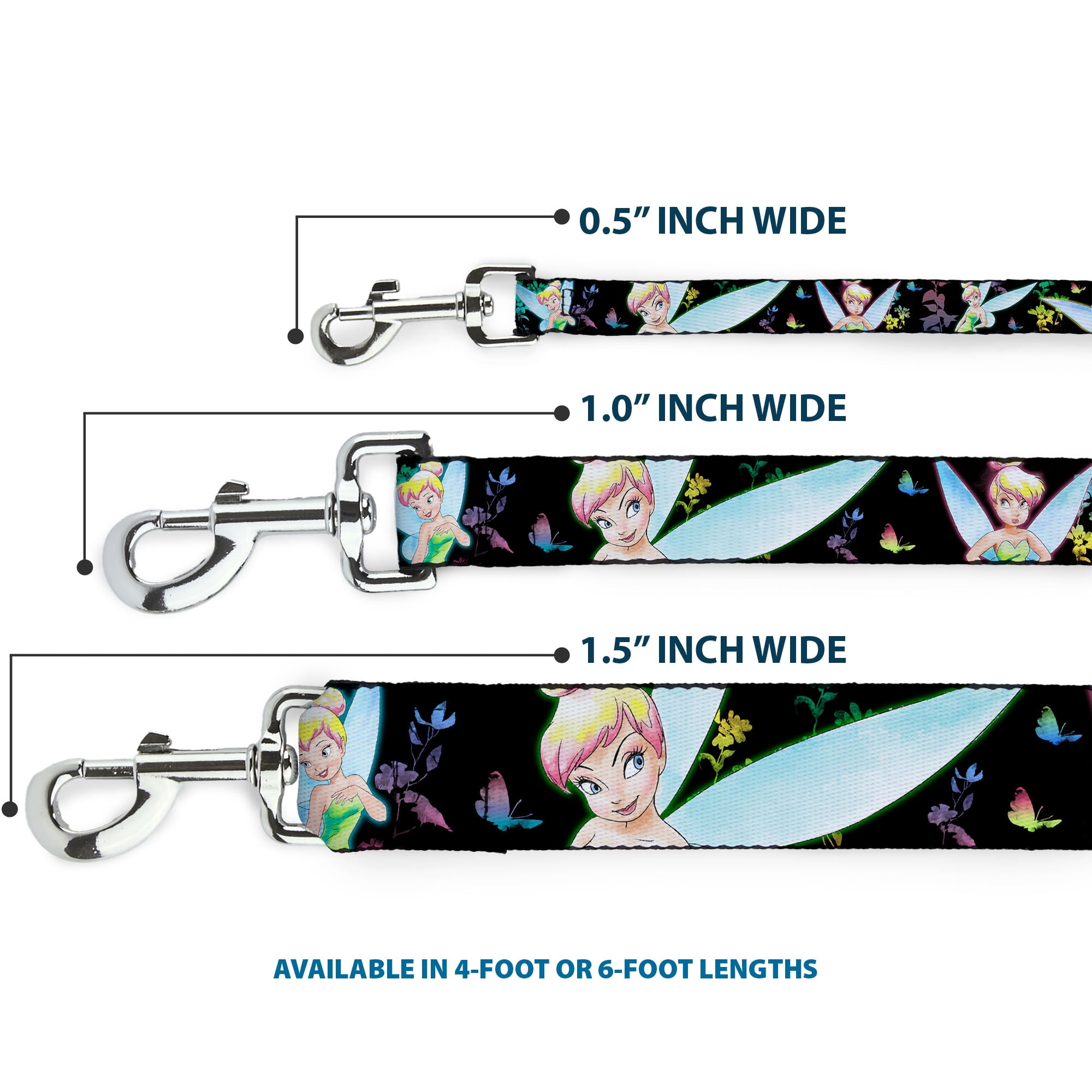Disney Pet Leash, Dog Leash, Glowing Tinker Bell Butterflies Flowers Black Multi Neon, 6 Feet Long 1.0 Inch Wide